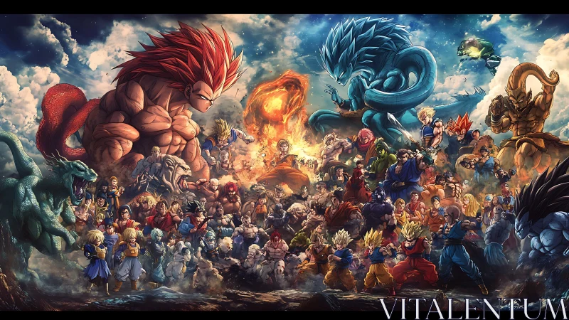 Cosmic Saiyan clash beneath storm-split celestial skies.