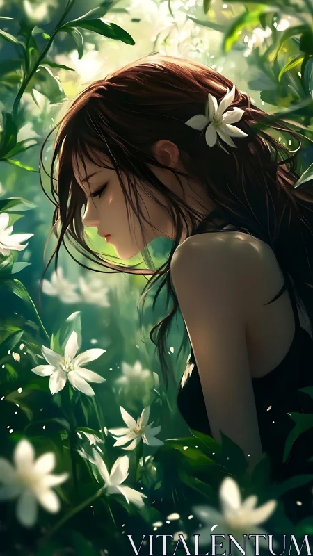 Dreaming girl in moonlit lilies and emerald whispering leaves.