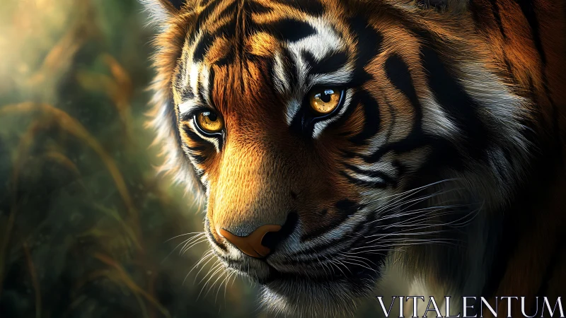 Tiger portrait under golden rim light, intense amber gaze.