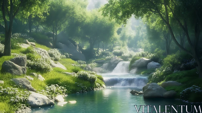 Gentle forest stream drifting through a sunlit green valley.