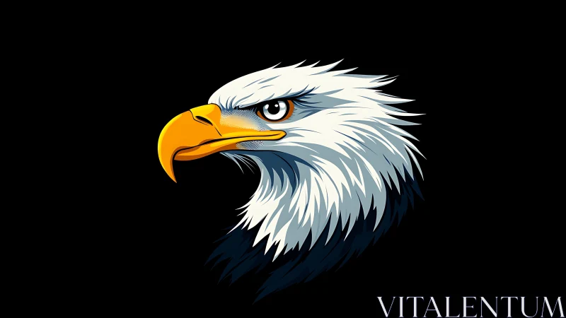 Bald eagle head in bold vector art style on black background.