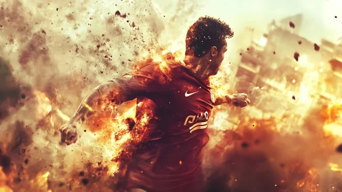 Explosive soccer striker rendered in blazing motion storm.