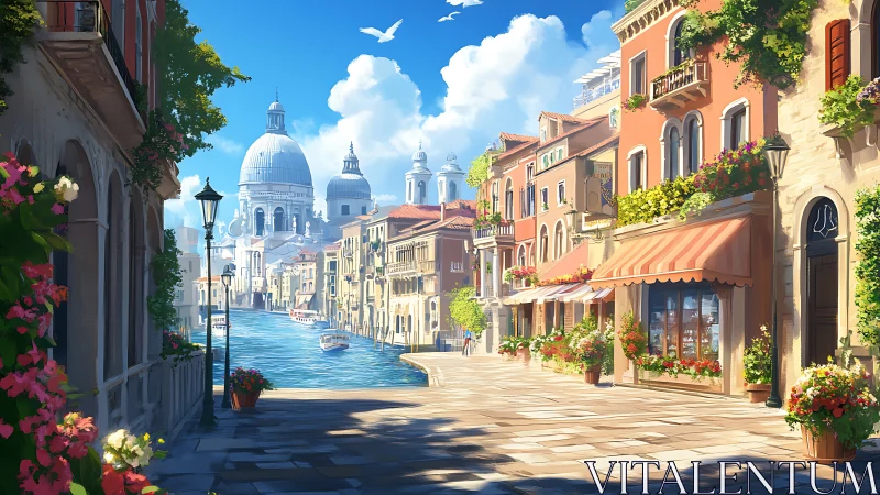 Sunlit canal street with domed basilica and flowered facades.