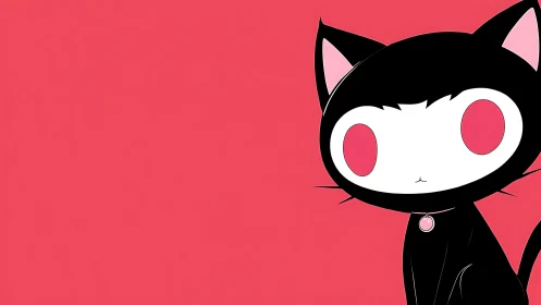Bright-eyed black cartoon cat against bold pink backdrop.