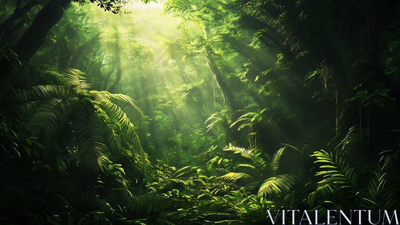 Luminous Tropical Canopy: Sunlit Forest Interior with Verdant Understory.