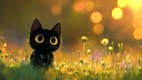 Black Kitten's Wide-Eyed Wonder in Golden Wildflower Meadow