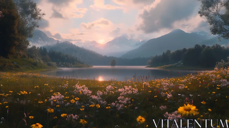 Sunlit alpine lake framed by floral meadow at atmospheric dusk