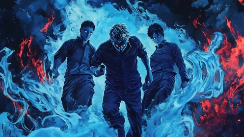 Three blue-lit warriors advance through swirling elemental fire