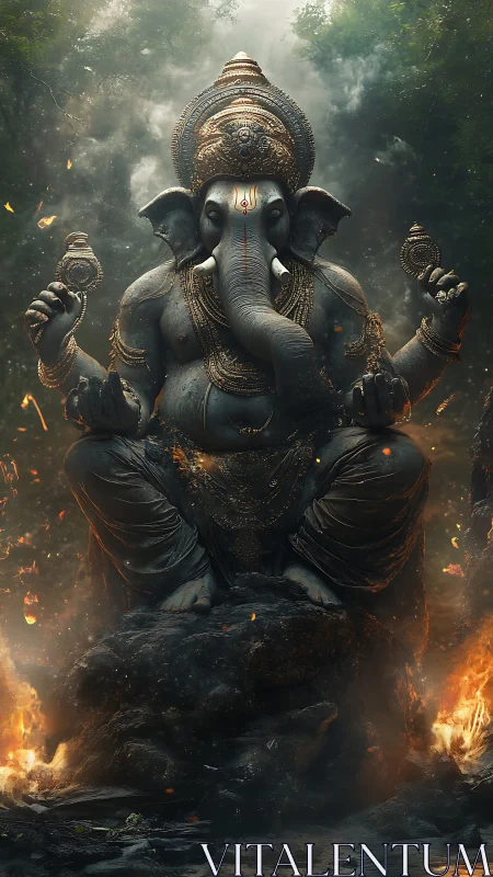 Majestic Ganesha statue sits amid firelit forest haze