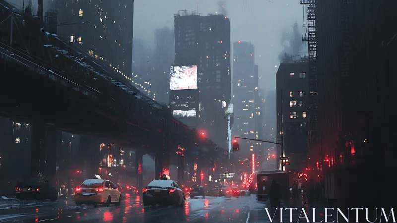 Rain-soaked night city street glows with red neon haze.