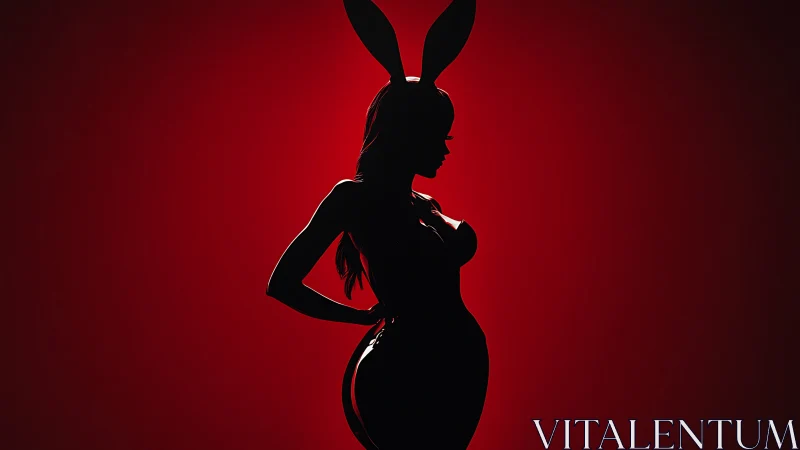 Silhouette of costumed figure with rabbit ears on red field.