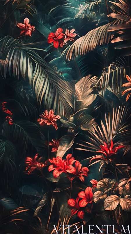 Chromatically intensified rainforest flora under cinematic light.