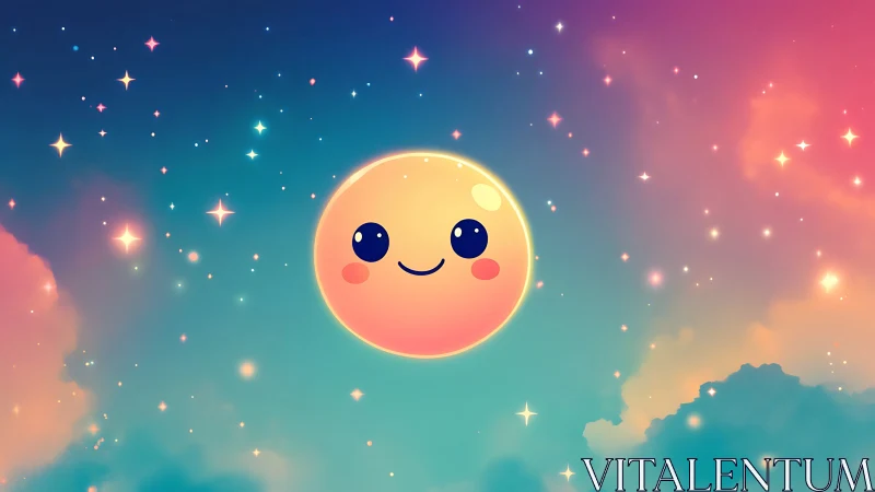 Smiling cartoon sun floats in colorful starry twilight sky