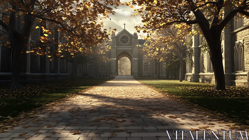 Autumn light warms a quiet historic university courtyard.