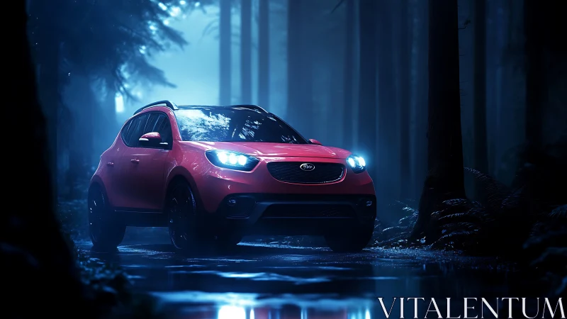 Red compact SUV on wet forest road at night in foggy light.