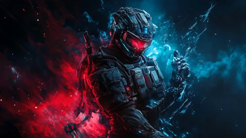 Armored sci fi soldier amid red and blue energy fields.