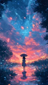 Girl with umbrella in glowing dusk sky reflection scene.