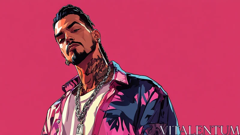 Stylized male portrait with tattoos on solid pink backdrop.