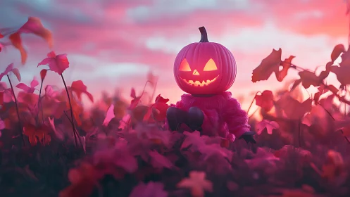 Pink dusk pumpkin gremlin grins inside a candy sky field.