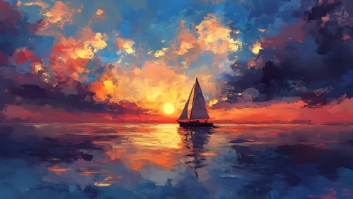 Sailboat silhouette under blazing impressionist ocean sunset.