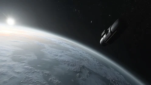 Cryospheric exoplanet horizon with orbital survey vessel poised.