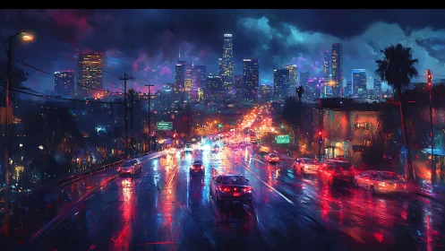 Rainy city highway reflects neon lights and traffic