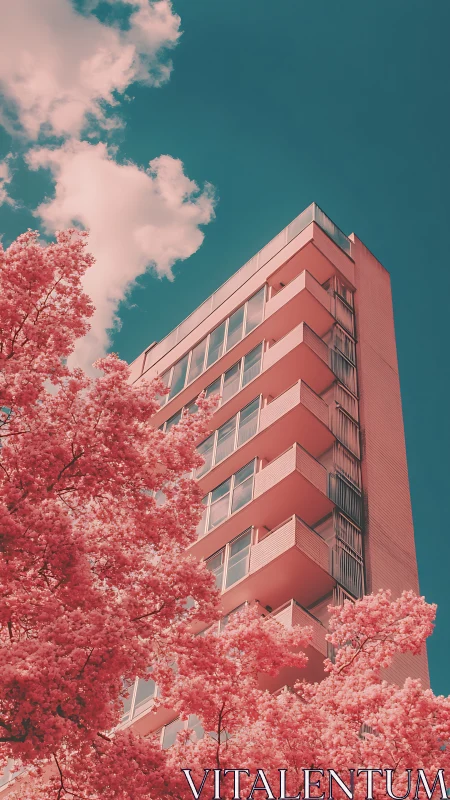 Midrise balconies framed by infrared-tinted urban foliage