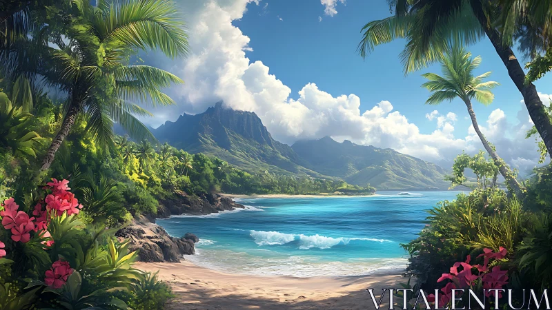 Tropical Paradise Beach with Mountain Backdrop.