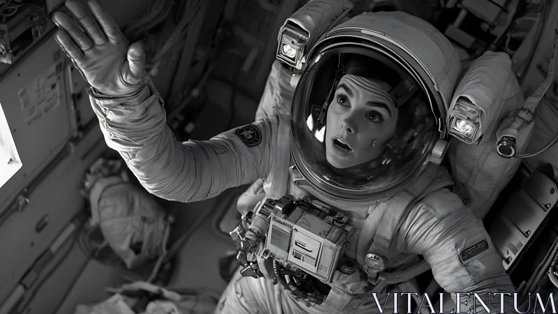 Astronaut reaches upward inside cramped spacecraft interior.