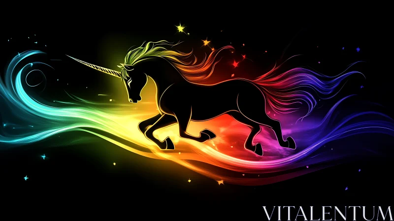 Silhouetted unicorn gallops through radiant prismatic trail
