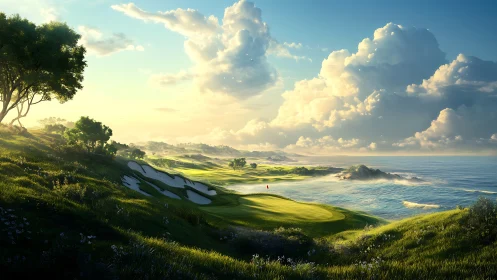 Sunlit coastal golf course under expansive cloudscape.