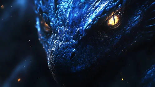 Blue scaled dragon face close-up with glowing eyes.