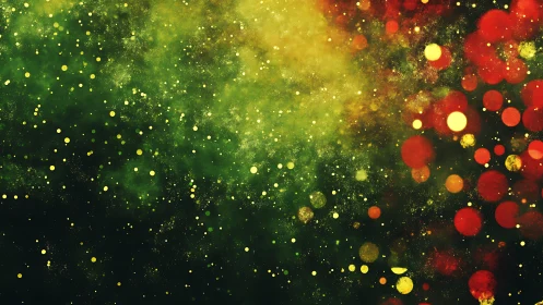 Abstract cosmic background with green and red bokeh lights effect.