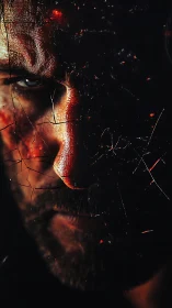 Half-lit warrior stares through cracked night and burning dust