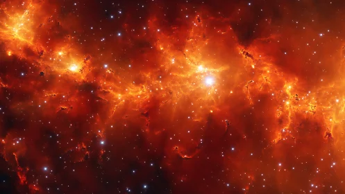Stellar nebula panorama with luminous orange gas filaments.