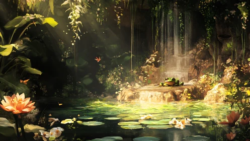 Sunlit lily pond with waterfall and contemplative frog.