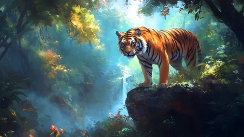 Digital painting of a tiger on a sunlit jungle cliff edge.
