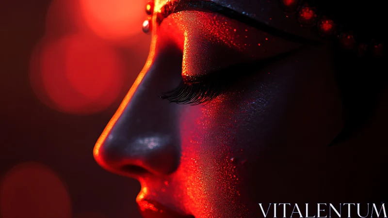 Cinematic close-up of illuminated female profile in red bokeh