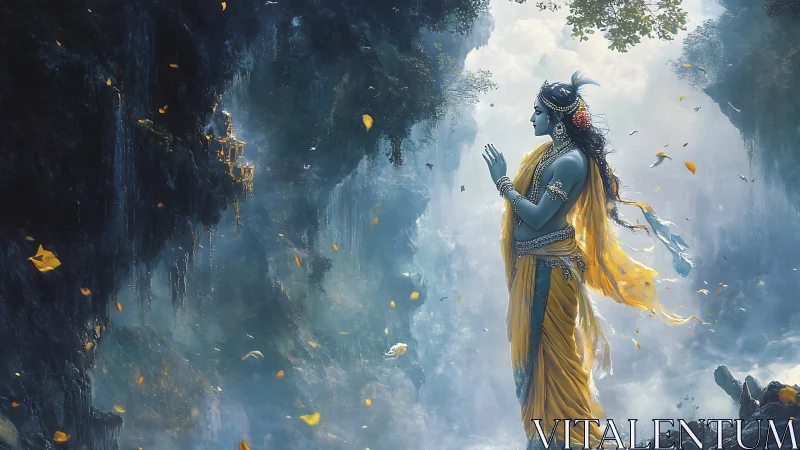 Blue-skinned deity in yellow robes in misty canyon environment.