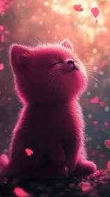 Pink Fluffy Cat Surrounded by Love Hearts.