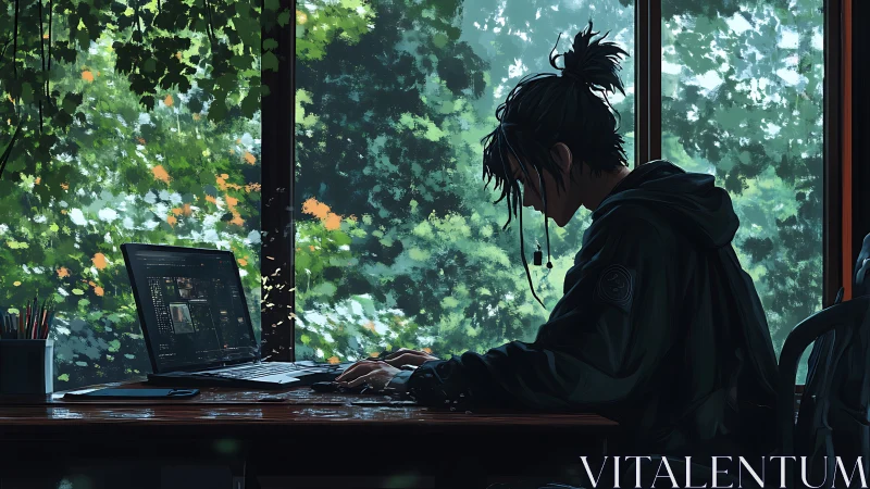 Person at laptop by window overlooking dense green foliage.