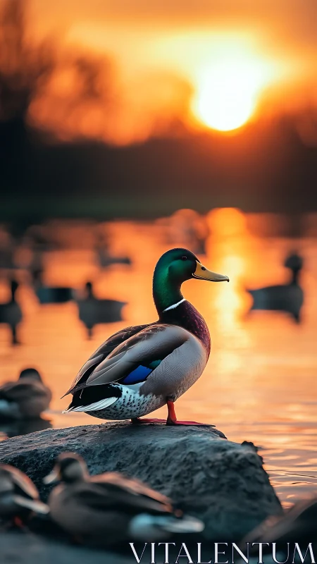 Mallard drake on riverside rock under vivid sunset glow.