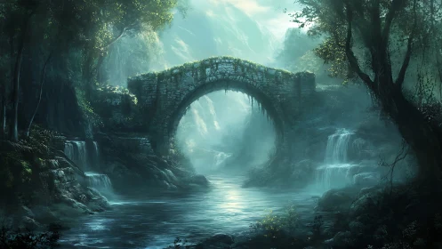 Ancient stone bridge spans a misty forest river at dawn