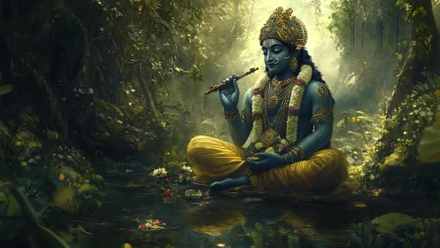 Divine blue deity playing flute beside reflective forest stream