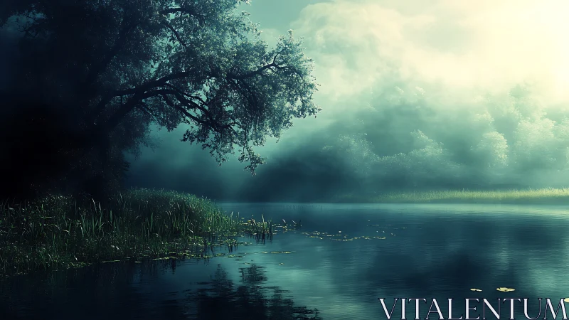 Moonlit fog drapes a secret riverbank in teal hush.