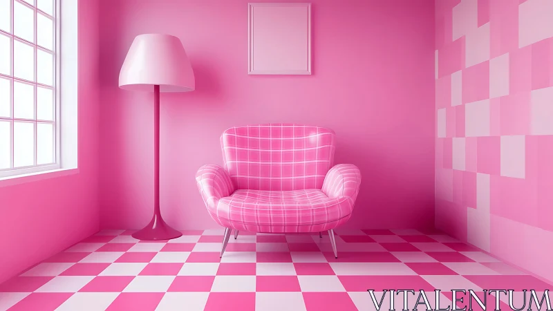 Pink plaid armchair in monochrome geometric interior.