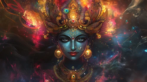 Divine blue goddess portrait with ornate cosmic crown.