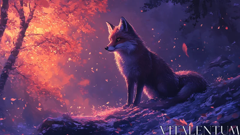Fox on forest slope amid orange and violet foliage glow.