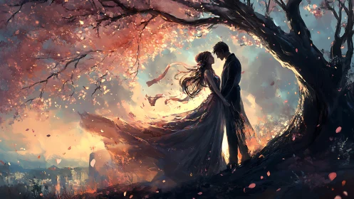 Silhouetted Couple Beneath Glowing Cherry Blossoms.