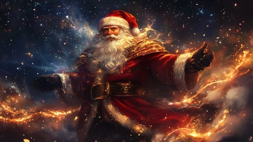 Santa in red coat amid glowing cosmic sparks at night.